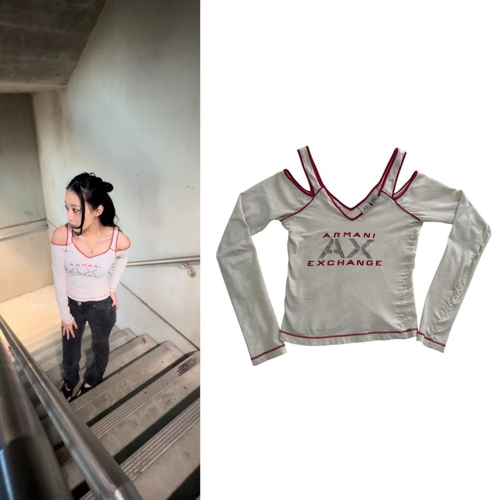 Armani Exchange cream and red cold shoulder top long sleeved